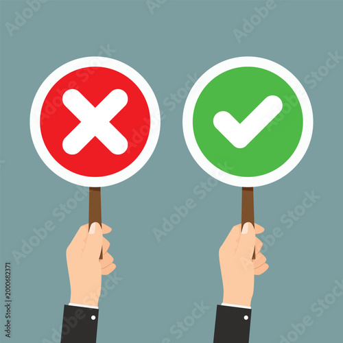 Checkmarks and crosses held by hands, signifying choice and decision making
