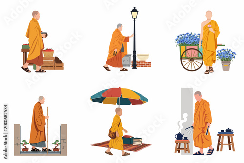 Set of Flat Vector Illustrations Featuring Buddhist Monks in Orange Robes Engaged in Various Daily Activities and Traditional Practices.