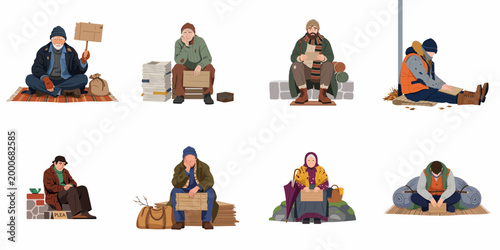 Vector Illustration Set of Homeless and Impoverished People Sitting on the Street with Signs and Belongings, Highlighting Social Issues and Poverty