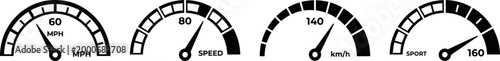 speedometer gauge icons with different speed scales on transparent background