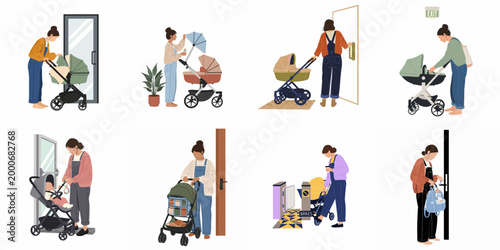 Vector Illustration Set Depicting a Mother with a Baby Stroller in Various Everyday Life Situations and Urban Scenarios