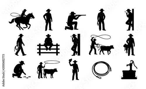 Tableau sur toile Wild West cowboy silhouettes set, 15 black rancher and rodeo vector icons, weste