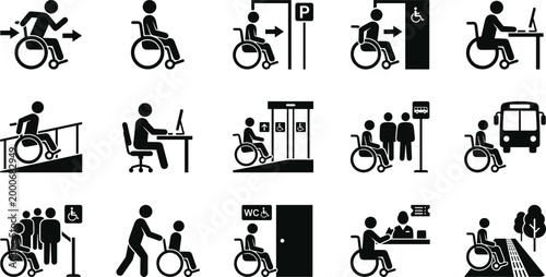 accessibility icons with wheelchair users and public facilities on transparent background