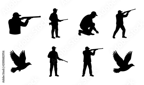 Obraz na plátně Hunting silhouette vector set, hunters with rifles and flying birds collection,