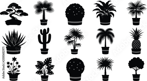 Collection of potted houseplants and decorative indoor plants silhouettes, botanical home decor elements with cactus, palm and tropical greenery vector illustration set