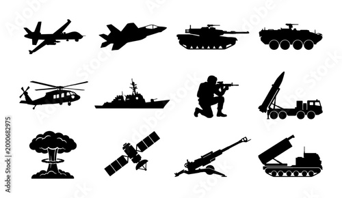 Картината върху платно Military silhouettes collection with 12 vector icons, army vehicles and weapon s
