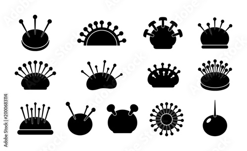 Картината върху платно Sewing pincushion icon set, black silhouette needle holder vectors, 13 tailoring