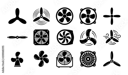 Εκτύπωση καμβά Industrial fan and propeller icon set, 15 black vector cooling ventilation symbo