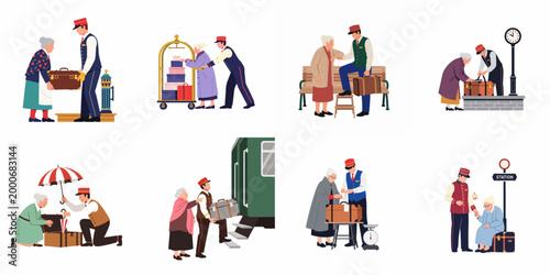 Set of vintage-style illustrations featuring helpful railway porters assisting elderly female travelers with various types of luggage and suitcases.
