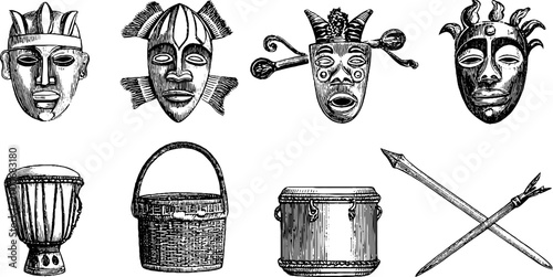 Engraved african tribal masks and woven basket clipart sheet with drum and spears for cultural background and banner design