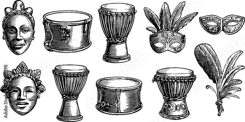 Engraved african drums and ceremonial masks clipart sheet with percussion instruments feathers and headdresses for cultural banner and background design
