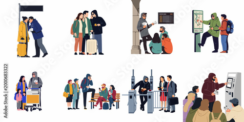 Flat vector illustration set of ticket scalpers and illegal ticket sellers offering counterfeit or overpriced tickets to travelers at airports and train stations.