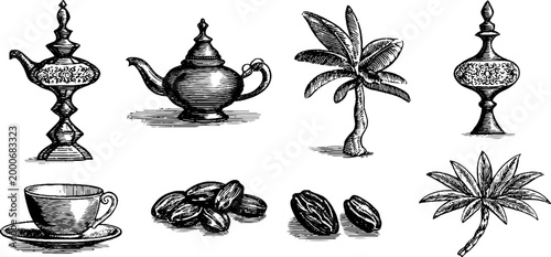Vintage engraved arabian lamps dates palm tree and coffee cup clipart sheet with ornate metal teapot for cultural background and design