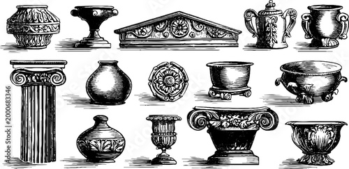 Vintage engraved architectural pediments columns vases and ornamental elements clipart sheet for classical design and decoration