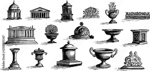 Vintage engraved architectural pediments pedestals urns and garden ornaments clipart sheet for classical exterior design and decor