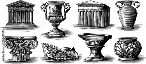 Vintage engraved architectural pediments urns and classical capitals clipart sheet for decorative border design background and ornamental element use