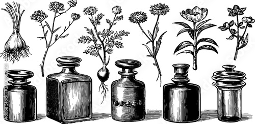 Vintage engraved botanical apothecary bottles and herb specimen sheet for label design packaging and museum style backgrounds