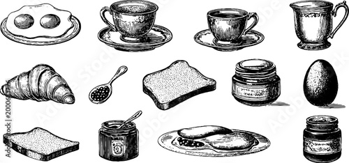 Vintage engraved breakfast food and drink icons clipart sheet with croissant eggs jars and cups for menu and cafe design