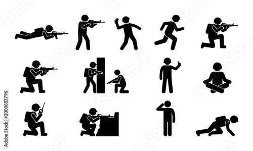Foto Military soldier stick figure icons set, army infantry combat poses vector, tact