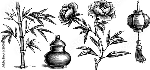 Vintage engraved chinese peony bamboo and decorative jar elements sheet for botanical background and ornamental design projects
