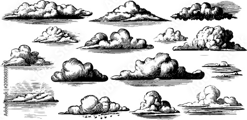 Vintage engraved cumulus cloud sheet with multiple cloud shapes and textures for weather background and poster design