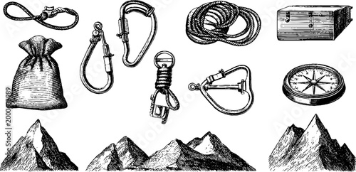 Vintage engraved climbing rope carabiner and mountain gear sheet with compass and sack elements for outdoor poster and background design