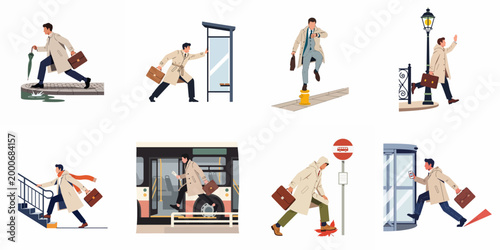 Set of flat vector illustrations depicting a businessman in a trench coat navigating various daily commuting scenarios and urban street scenes.