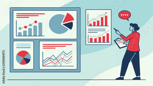 Woman analyst pointing at a dashboard with pie charts and growth graphs. Flat vector style for office workflow and data-driven decision making.