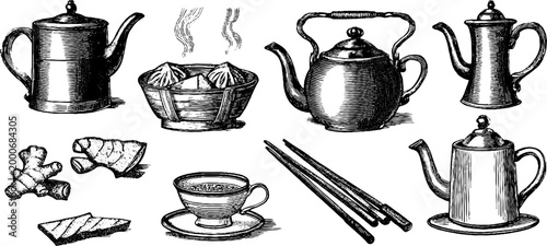 Vintage engraved dim sum baskets teapots and cups clipart sheet with chopsticks ginger and steamed buns for menu design and background