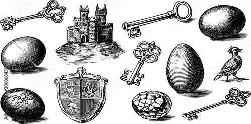 Vintage engraved fantasy clipart of dragon eggs and castle keys for antique illustration pack and design elements and medieval decoration