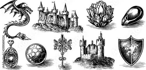 Vintage engraved fantasy clipart of dragon crystal pocketwatch and castle keys for mythical illustration set and medieval design elements