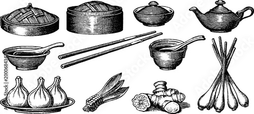 Vintage engraved dim sum and tea utensils clipart sheet with dumpling baskets chopsticks and steamers for food packaging design and background