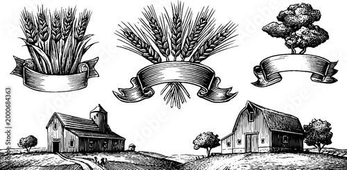 Vintage engraved farm labels and wheat sheaf clipart sheet with barns ribbon banners and rural emblems for rustic packaging and label design