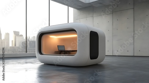 Modern soundproof office pod for private work in a bright contemporary open plan corporate office space with city view