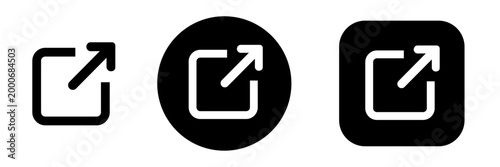 External link icon set in button style with arrow out symbol. Open link and redirect icons for app and web interface, navigation, share and outbound link actions