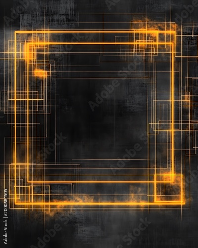 Abstract glowing orange neon frame with technical digital lines on a dark background
