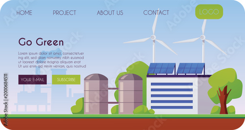 Go green landing page vector flat design, sustainable smart green factory building with wind turbines and solar panels