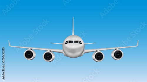 Front view of a commercial passenger airplane centered and isolated against a clean blue sky background highlighting aviation, travel, and modern air transport concepts