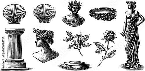 Vintage engraved goddess statues columns shells laurel and floral elements clipart sheet for classical design collage and decorative print use