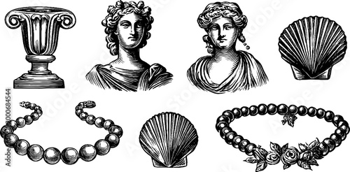 Vintage engraved goddess busts pearls shells garlands and jewelry elements clipart sheet for ornamental design and elegant pattern projects