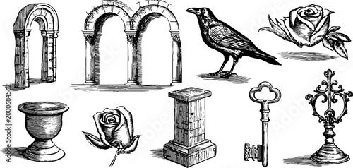 Vintage engraved gothic clipart sheet with arches raven rose key chalice pedestal and candelabrum for ornate decorative design and craft projects