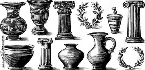 Vintage engraved greek meander clipart sheet with vases columns laurel wreaths and urns for classical pattern design and decorative use