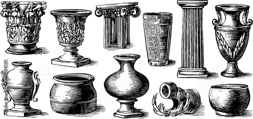 Vintage engraved greek meander clipart sheet with ornate urns vases columns and amphorae for classical decor and print design projects