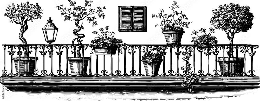 Obraz premium Vintage engraved balcony railing with potted trees shutters and lantern for background and architectural design use