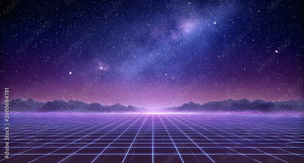 Fototapeta premium Retro synthwave landscape with glowing neon grid and starry sky, futuristic mountain range and vibrant colors, digital 80s aesthetic background