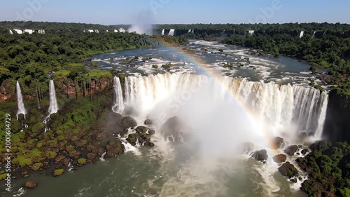 Majestic Iguazu Falls Aerial View with Rainbow Over Lush Greenery.