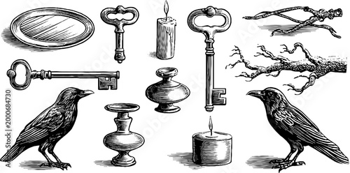 Vintage engraved haunted keys, crows and antique hardware clipart sheet for halloween background and design elements