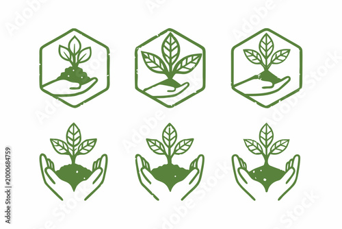 set of eco growth icons with hands holding plants