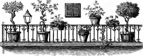 Vintage engraved balcony railing with potted trees shutters and lantern for background and architectural design use