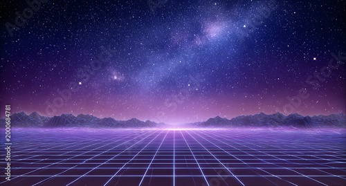 Retro synthwave landscape with glowing neon grid and starry sky, futuristic mountain range and vibrant colors, digital 80s aesthetic background